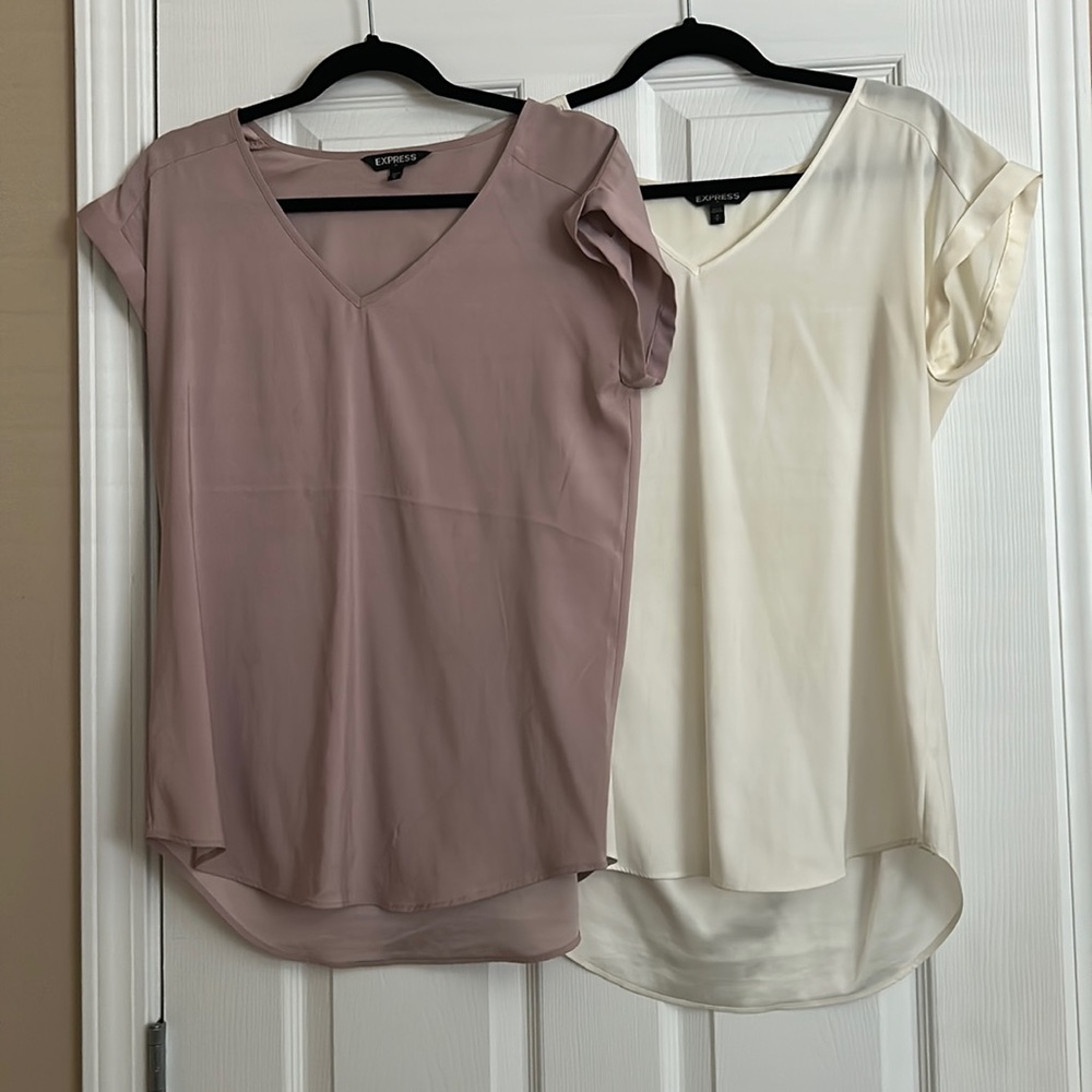 Express Women’s V-Neck Short Sleeve Blouses - Mauve and Ivory